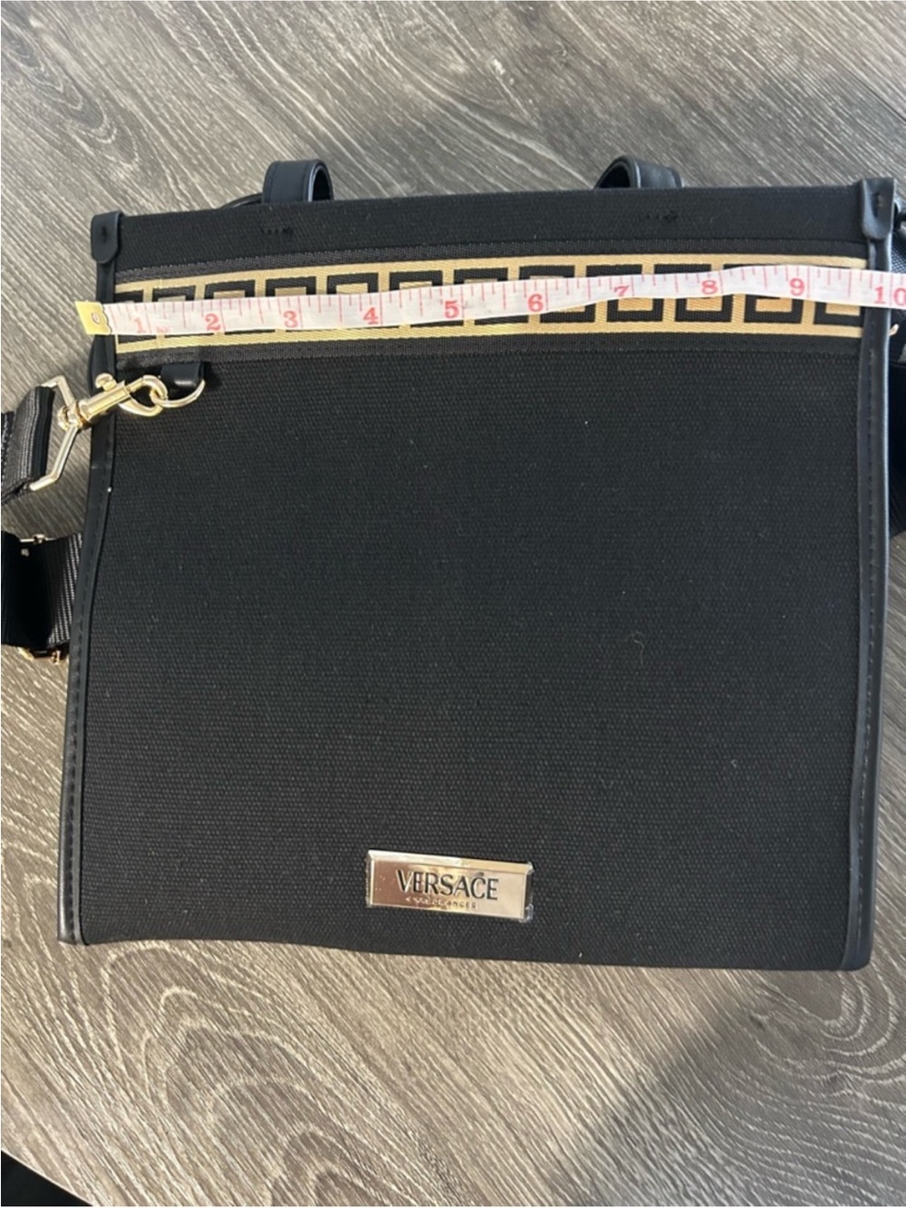 Versace Black Canvas Tote with Gold Greek Key Band - Picture 4 of 5